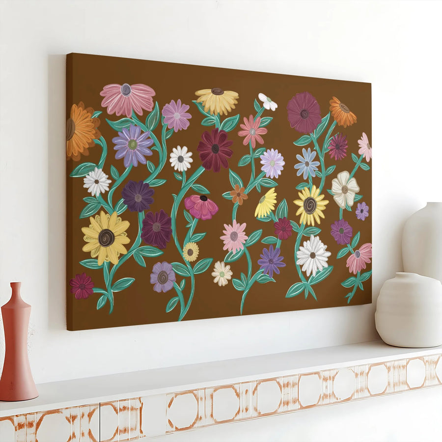Boho Wildflower Canvas Wall Art | Retro Daisy and Sunflower Print | Premium Gallery Wrapped Canvas | Bohemian Home Decor Gift