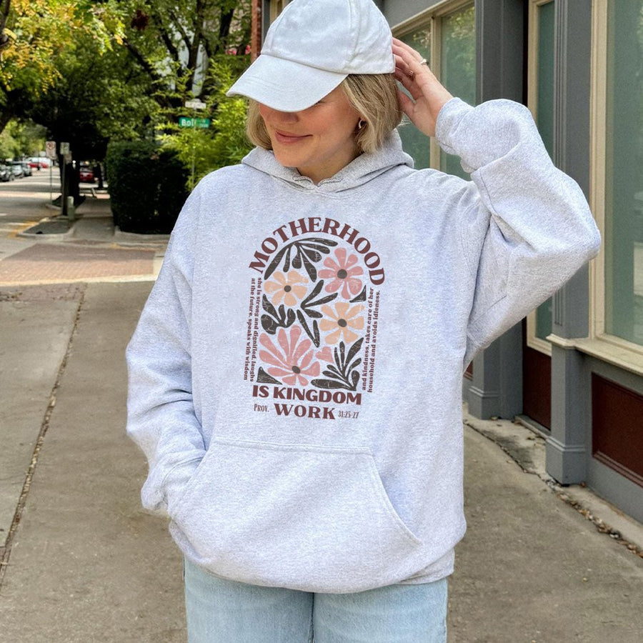 Motherhood Is Kingdom Work Hoodie | Retro Floral Christian Design | Premium Cotton-Blend Fleece | Gift For Christian Mom & Mother's Day 2026