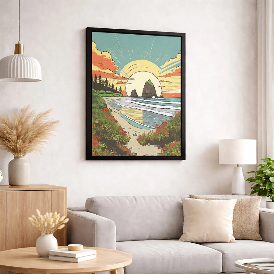 Cannon Beach Haystack Rock Canvas | Vintage Oregon Coast Sunset Art | 1.25-Inch Gallery Wrap | Coastal Wall Decor Gift for Nature Lovers