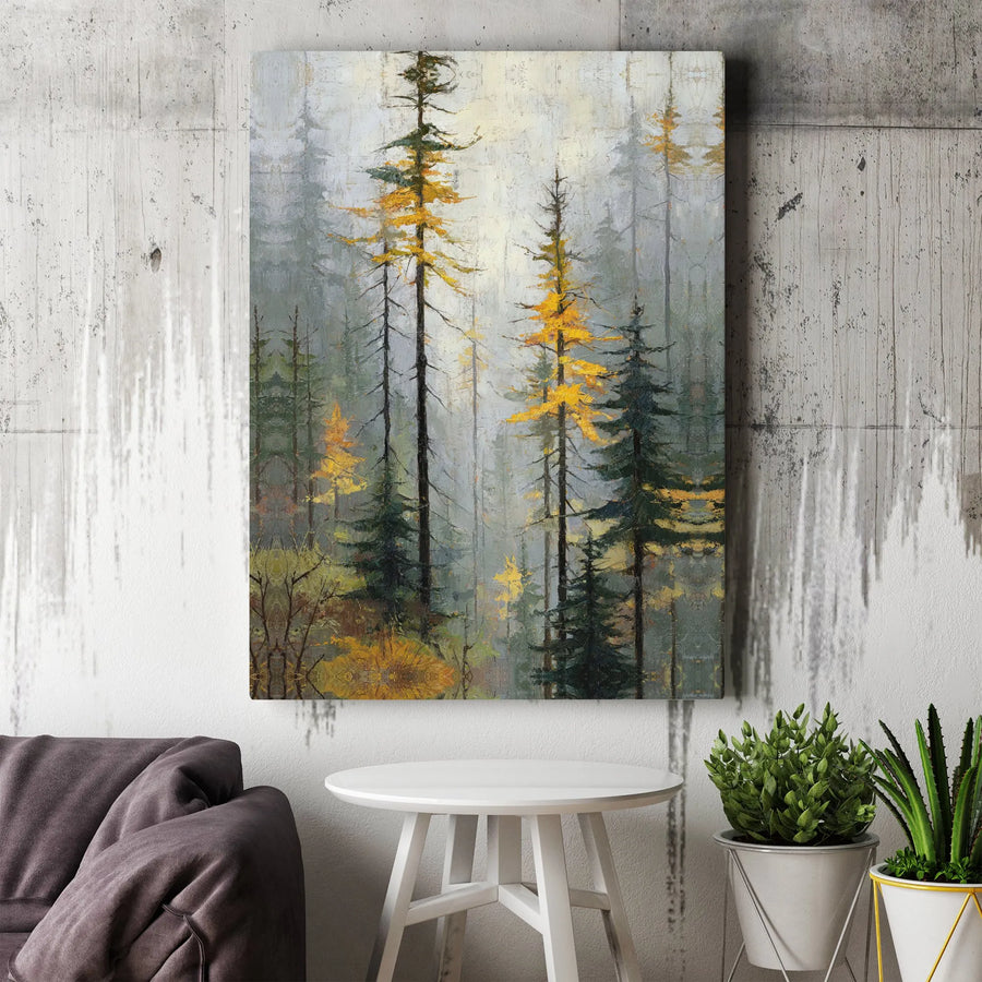 Misty Forest Canvas Wall Art | Golden Larch Trees in Fog Print | Premium Gallery Wrapped Canvas | Rustic Cabin Decor Gift for Nature Lovers