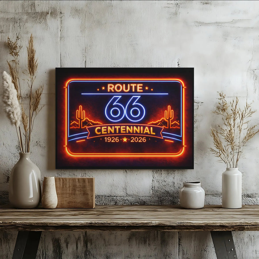 Route 66 Centennial Canvas Wall Art | Retro Neon Sign Print | Premium Gallery Wrap | Collector's Gift for Man Cave Decor