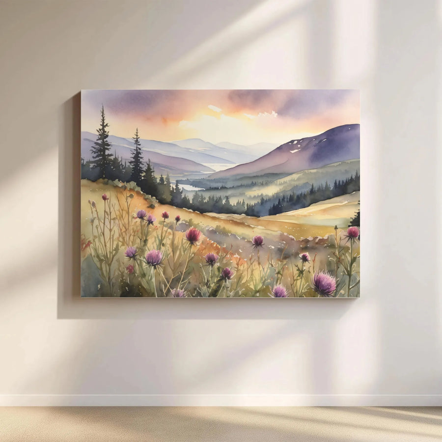 Watercolor Mountain Landscape Canvas | Purple Thistle Wildflower Meadow | Premium Gallery Wrapped Print | Modern Farmhouse Wall Decor Gift