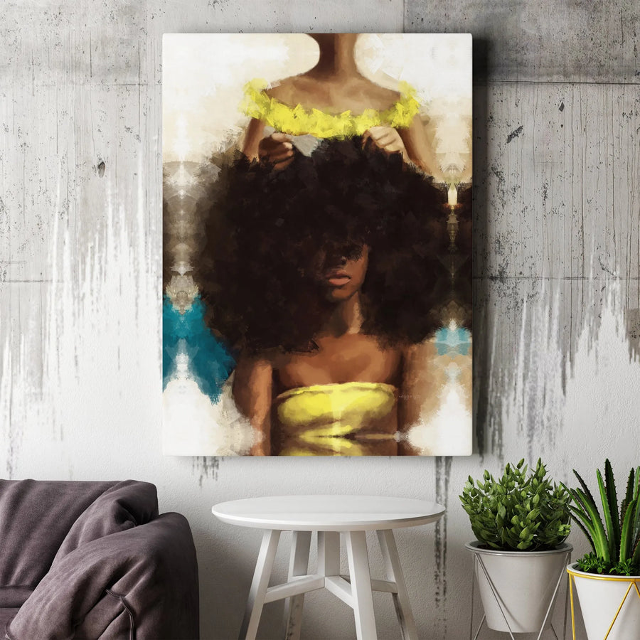 Black Woman Art Canvas | Afro Hair Styling Portrait | Premium Gallery-Quality Print | Modern Home Decor Gift