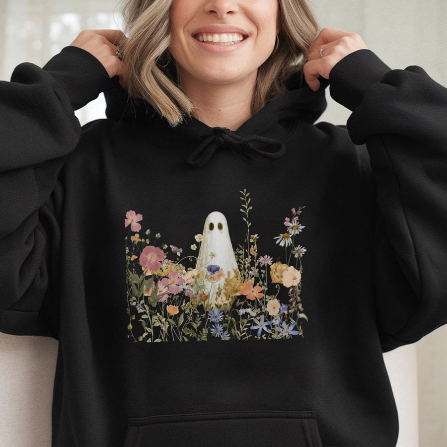 Ghost in Wildflowers Hoodie | Aesthetic Spooky Floral Graphic | Premium Cotton Blend | Cute Halloween Sweatshirt Gift for Women and Teens