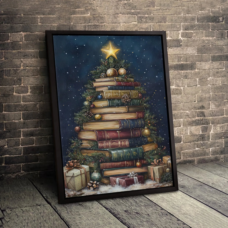 Christmas Tree Made Of Books Canvas Print | Vintage Library Holiday Wall Art | Premium Gallery Wrapped Decor | Book Lover Christmas Gift