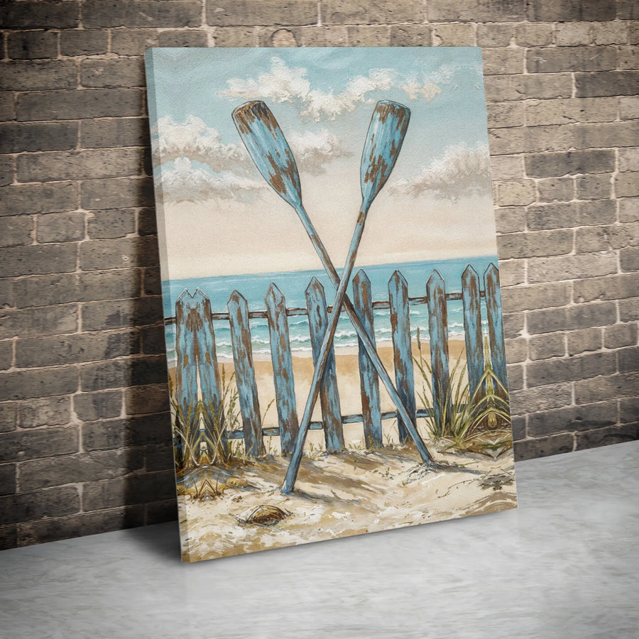 Coastal Oars Wall Art | Rustic Beach Decor With Picket Fence | Gallery Wrap Premium Canvas | Nautical Home Decor For Lake House Or Beach Cottage