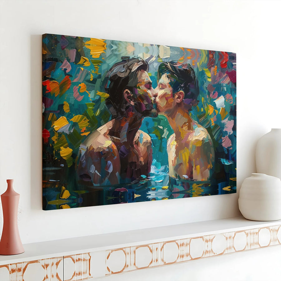 Gay Couple Kissing Canvas Art | Abstract Impasto Oil Painting Style | Premium Gallery-Wrapped Print | LGBTQ Pride Home Decor Wall Gift