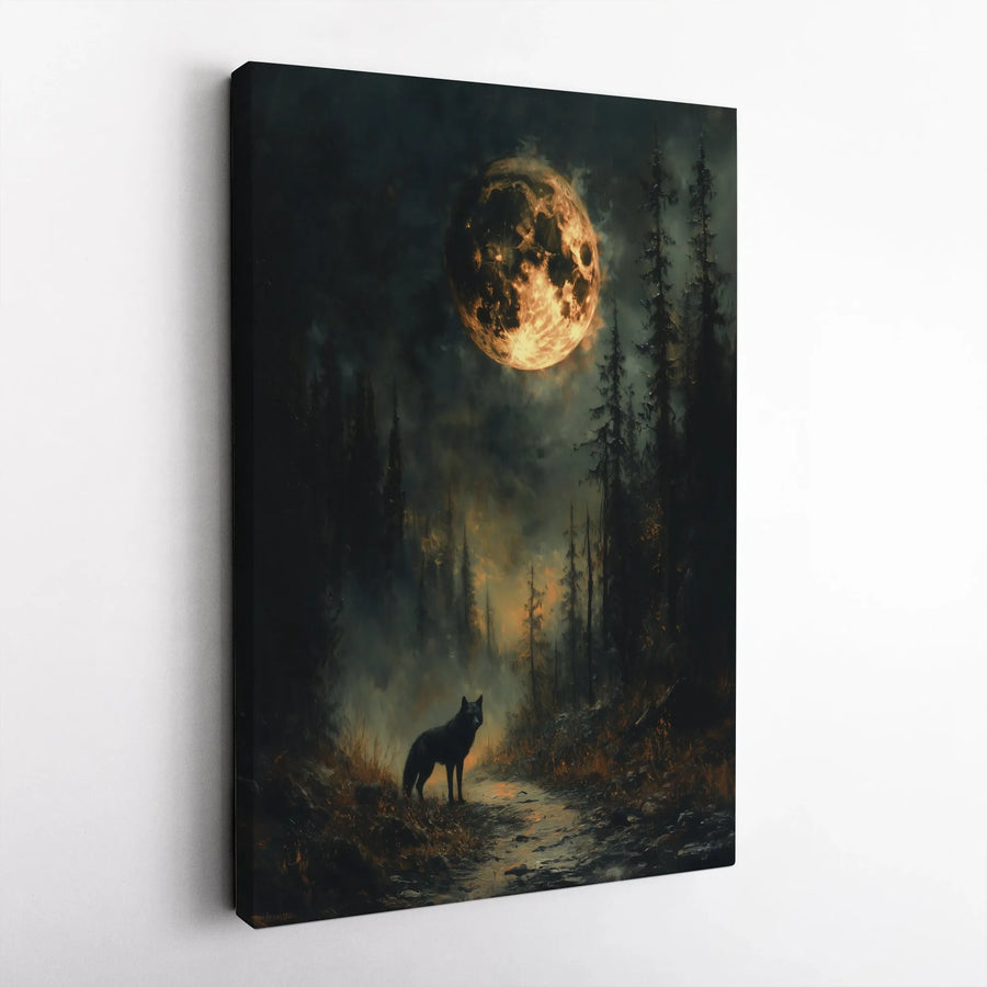 Wolf Wall Art Canvas | Moody Forest Full Moon Landscape | Premium Gallery Wrap Print | Dark Academia Home Decor Gift