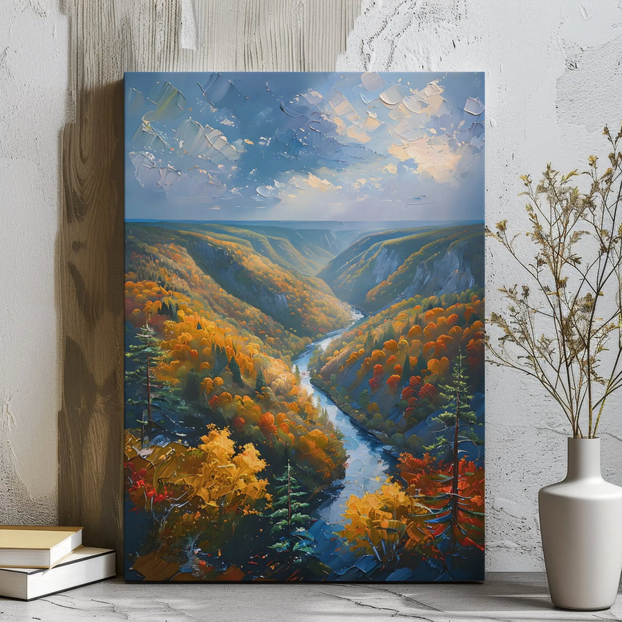 Autumn River Landscape Canvas Wall Art | Impasto Oil Painting Style Print | 1.25” Thick Gallery Wrap | Nature-Inspired Home Decor Gift