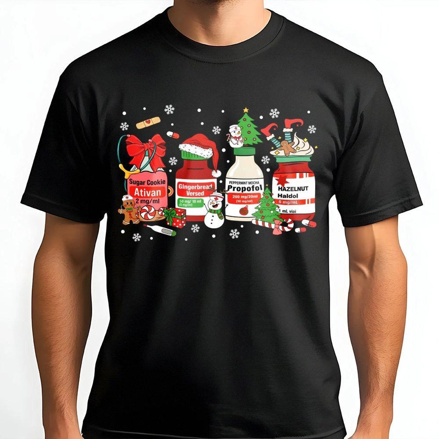 Christmas Nurse T-Shirt | Festive Medical Medication Vials Design | Premium Soft Cotton Tee | Funny ICU RN Gift For Holidays