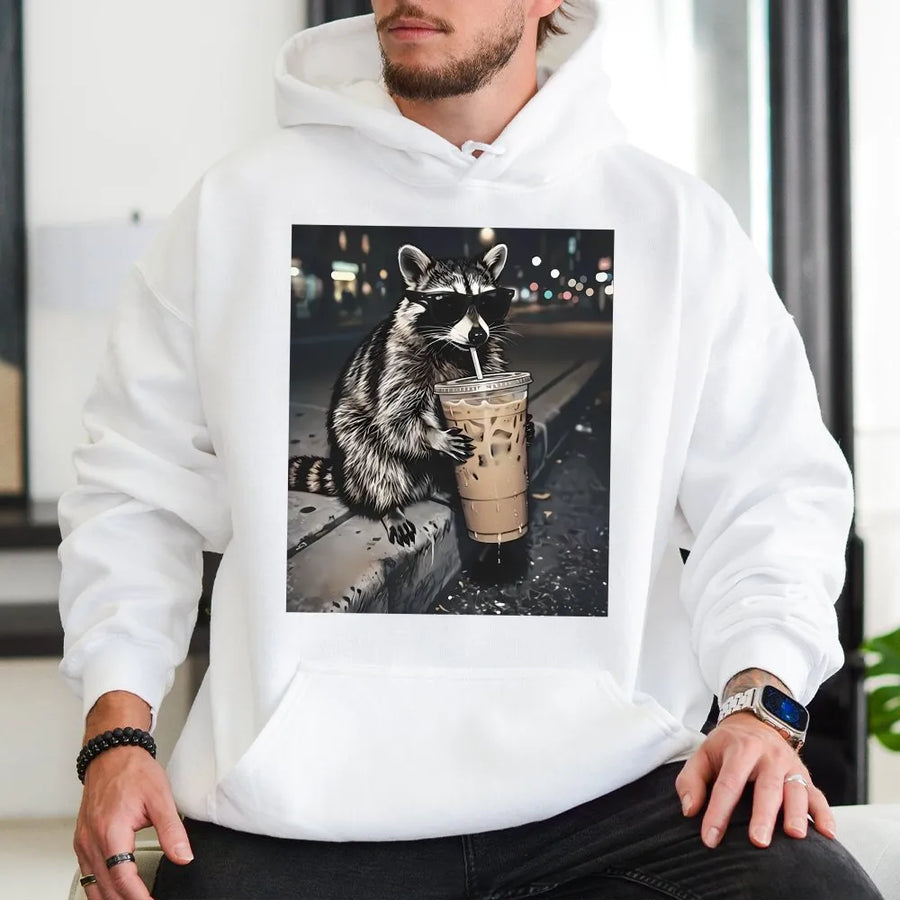 Funny Raccoon Hoodie | Iced Coffee Drinking Animal Meme | Premium Cotton-Blend Graphic Sweatshirt | Gift for Coffee Lovers & Animal Enthusiasts