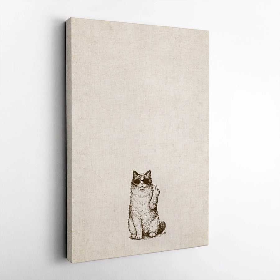 Funny Cat Middle Finger Canvas Wall Art | Minimalist Sketch Print with Sunglasses | Premium Gallery Wrap Canvas | Sarcastic Home Decor Gift for Cat Lover