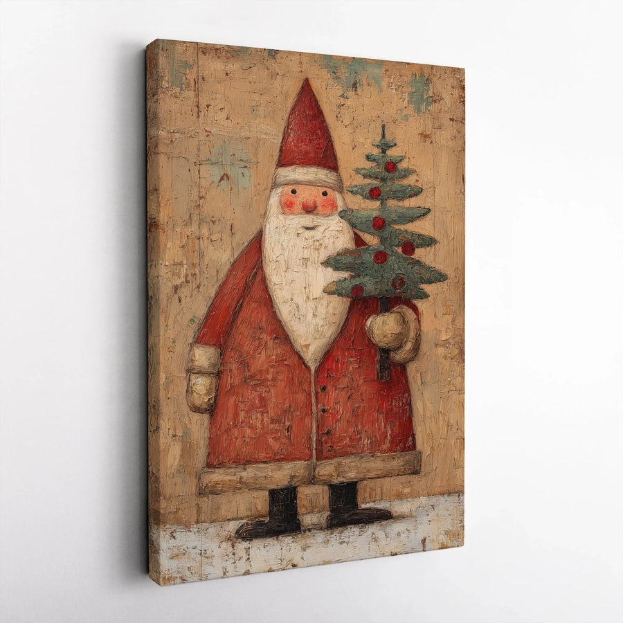 Rustic Folk Art Santa Claus Canvas | Vintage Distressed Christmas Wall Art | Gallery Wrapped Premium Print | Farmhouse Holiday Home Decor Gift