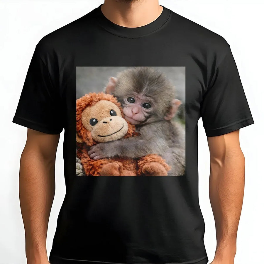 Baby Monkey T-Shirt | Cute Monkey Hugging Plushie Graphic | Cozy Cotton-Blend Sweatshirt | Premium Gift for Animal Lovers