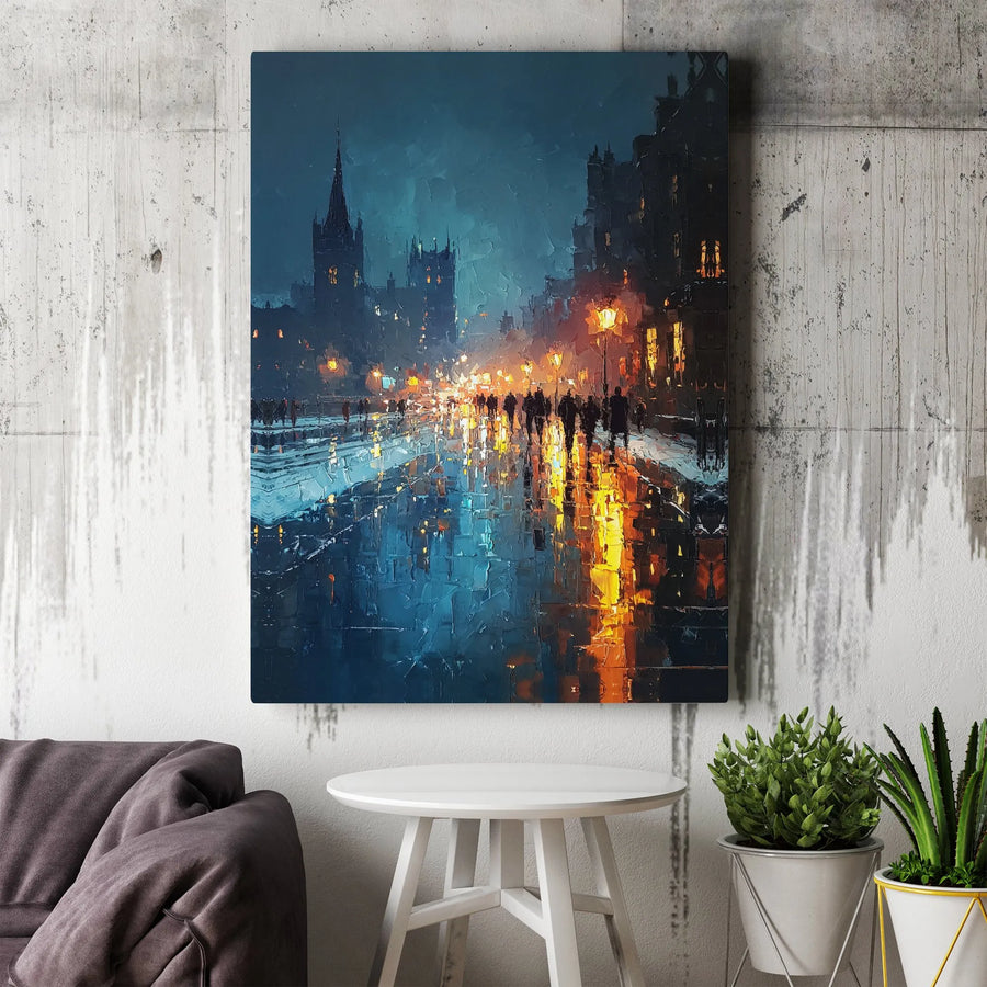 Rainy Cityscape Canvas Print | Textured Impressionist City Night Art | Premium Gallery Wrapped Canvas | Modern Home & Office Decor Gift