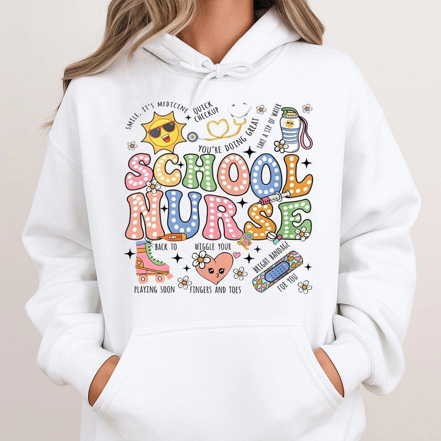 School Nurse Hoodie | Retro Groovy Nursing School Design | Premium Cotton Blend | Perfect Gift for RN Nursing Students & Healthcare Staff