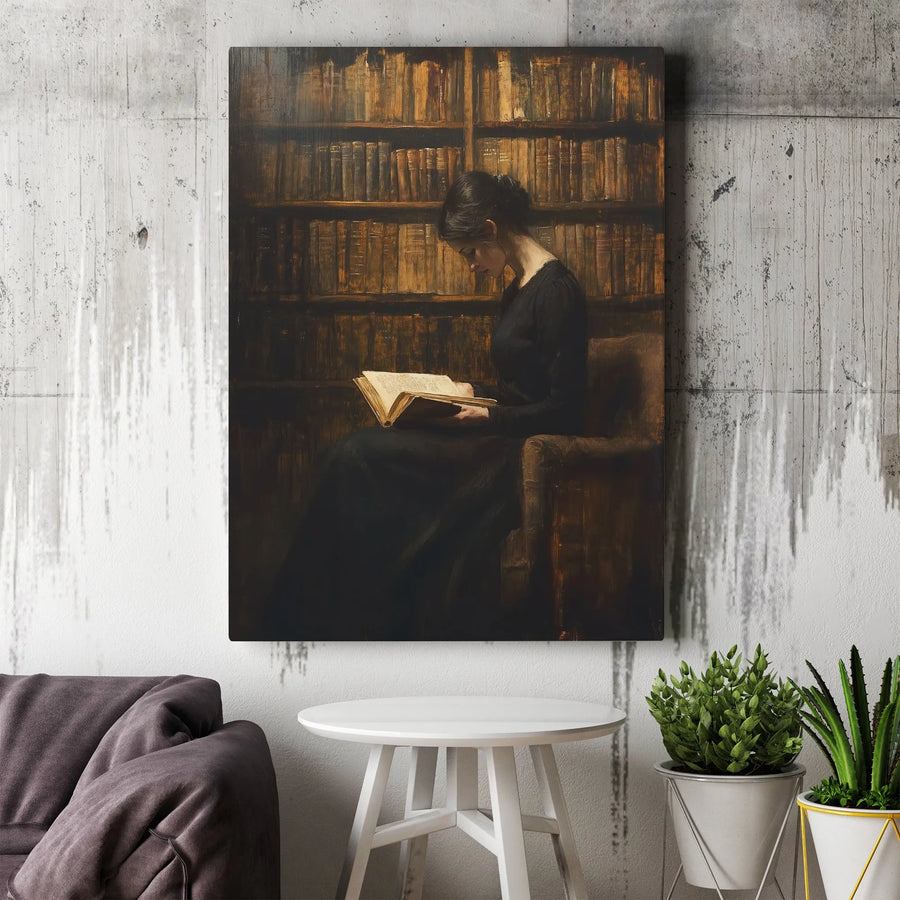 Dark Academia Canvas Art | Woman Reading in Library Vintage Portrait | Premium Gallery Wrap Wall Decor | Gift for Readers & Book Lovers