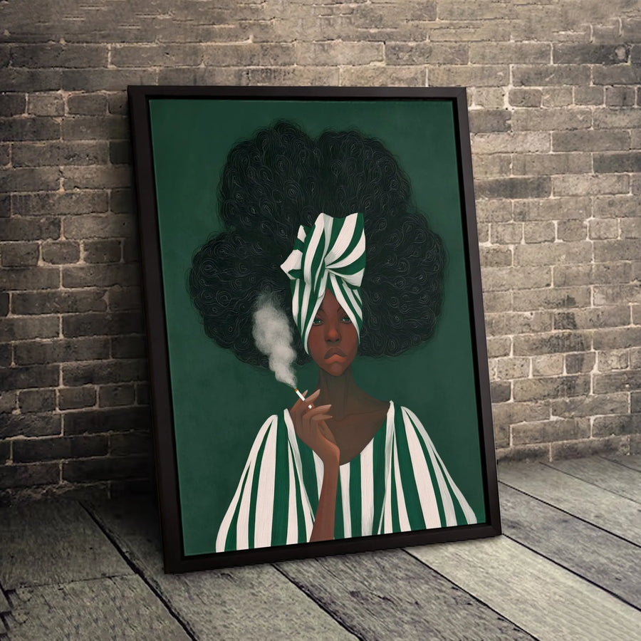 Black Woman Art Print | Afro Aesthetic Smoking Portrait in Green Headwrap | Premium Gallery Canvas | Modern Home Decor Gift for Her