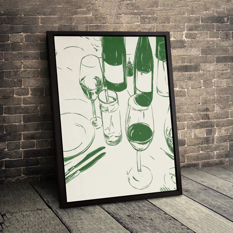 Wine Dinner Table Canvas Art | Minimalist Green Line Sketch | Premium Gallery Wrapped Print | Modern Kitchen and Dining Room Decor