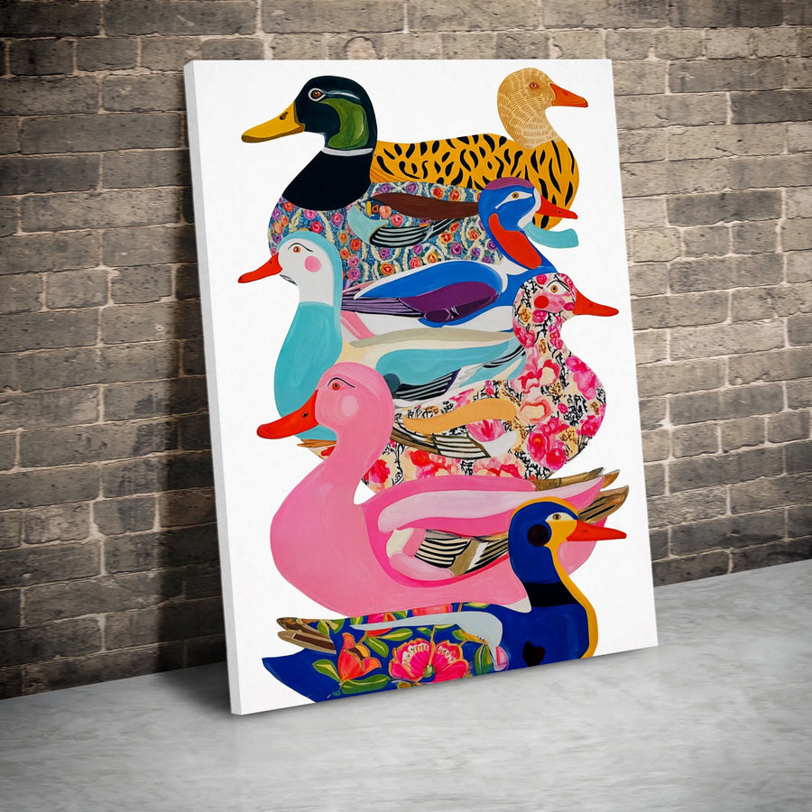 Colorful Duck Stack Canvas Art | Whimsical Floral Duck Wall Decor | 1.25 Inch Premium Gallery Wrap | Unique Wildlife Nursery or Living Room Gift