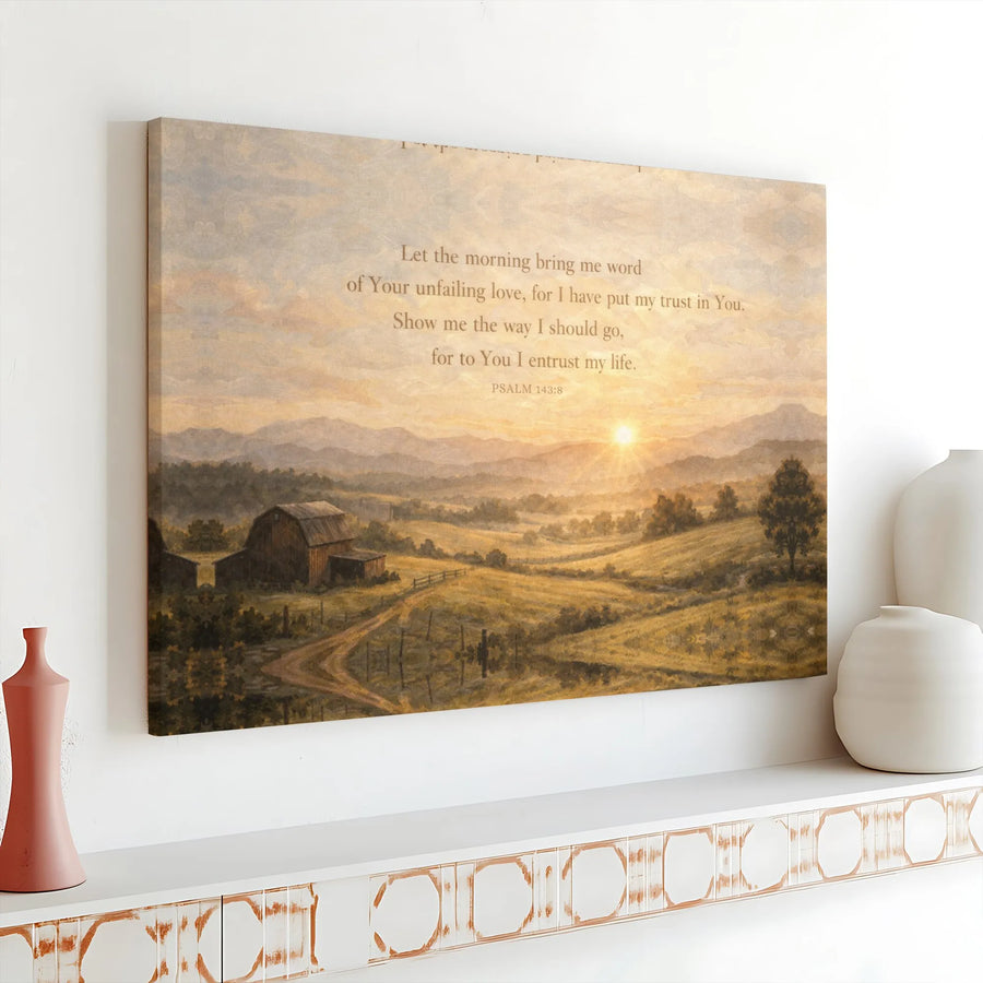 Bible Verse Canvas Print | Psalm 143:8 Scripture Wall Art with Sunrise Farmhouse Landscape | Premium Gallery Wrapped Canvas | Inspirational Christian Home Decor Gift