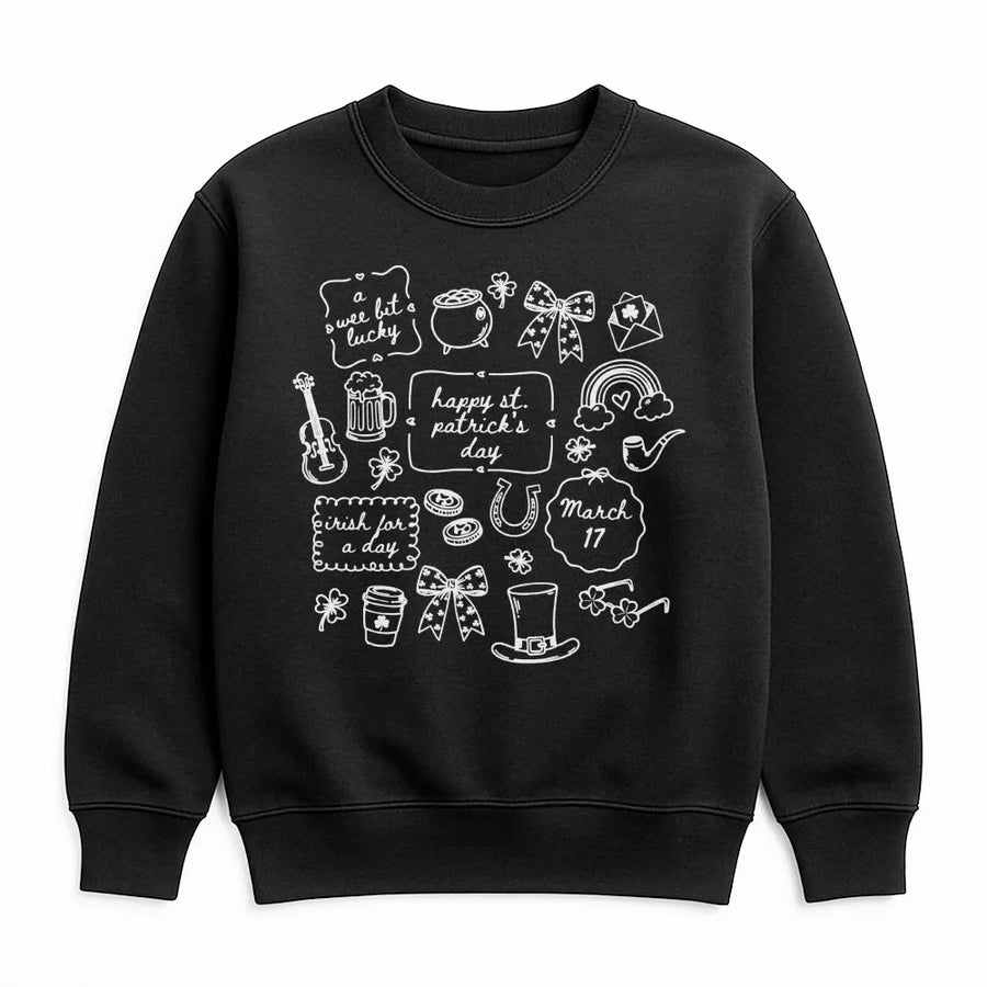 St. Patrick's Day Sweatshirt | Doodle Shamrock Leprechaun Graphic | Premium Soft Cotton Blend | Irish Gift for Women and Men