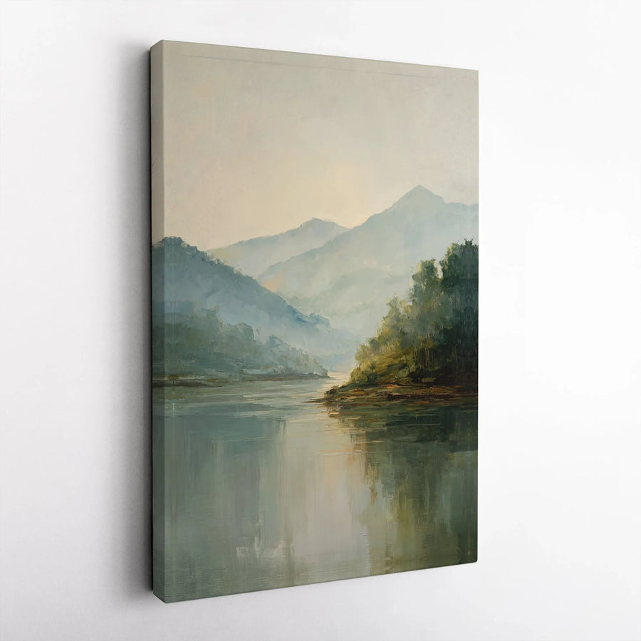 Misty Mountain Lake Vertical Canvas | Serene Forest River Landscape Art | Premium 1.25” Gallery Wrap | Calming Home Decor & Office Wall Art Gift