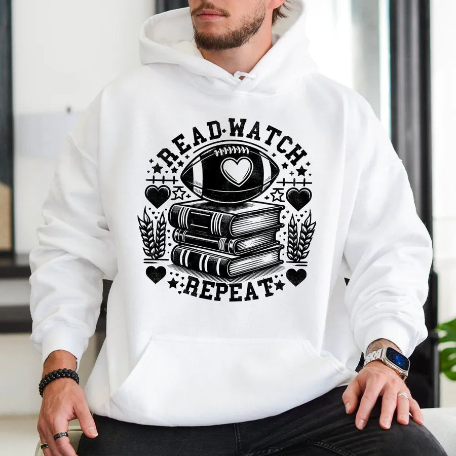 Bookish Football Hoodie | Read Watch Repeat Gameday Graphic | Cozy Cotton Blend Crewneck | Gift for Women Readers and Sports Fans