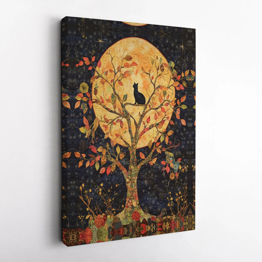 Black Cat Tree of Life Canvas Art | Full Moon Silhouette Print | Premium Gallery Wrapped Decor | Whimsical Fall Wall Art Gift for Cat Lovers
