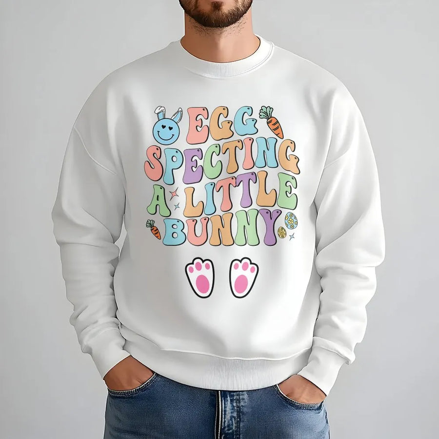 Eggspecting A Little Bunny Sweatshirt | Retro Easter Pregnancy Announcement Design | Premium Cotton Blend | Funny Expecting Mom Easter Gift