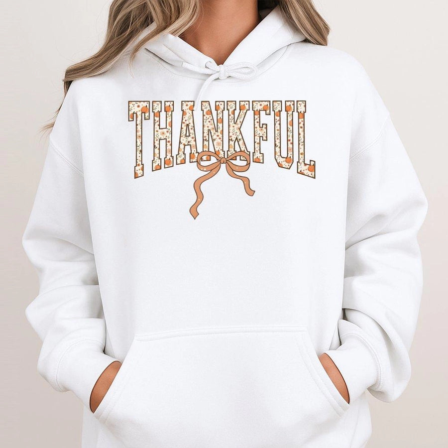 Thankful Thanksgiving Hoodie | Pumpkin Floral Bow Graphic Design | Premium Cotton Blend Sweatshirt | Cozy Fall Outfit Gift for Her