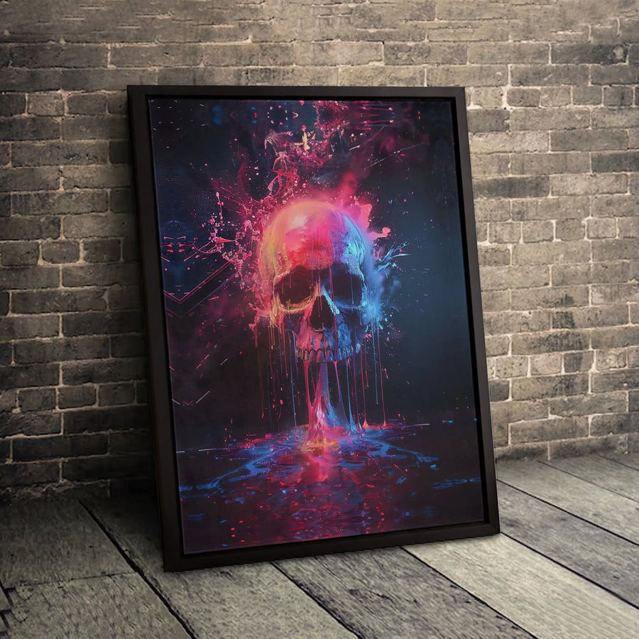 Neon Skull Canvas Art | Abstract Paint Splatter Wall Decor | Premium 1.25-Inch Gallery Wrap | Gothic Modern Home Office Gift
