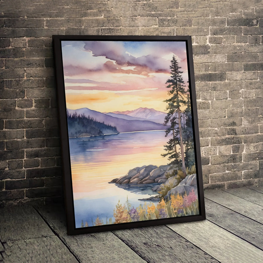 Mountain Lake Canvas Print | Watercolor Sunset Landscape with Pine Trees | Premium Gallery-Wrapped Wall Art | Nature Lover Home Decor Gift