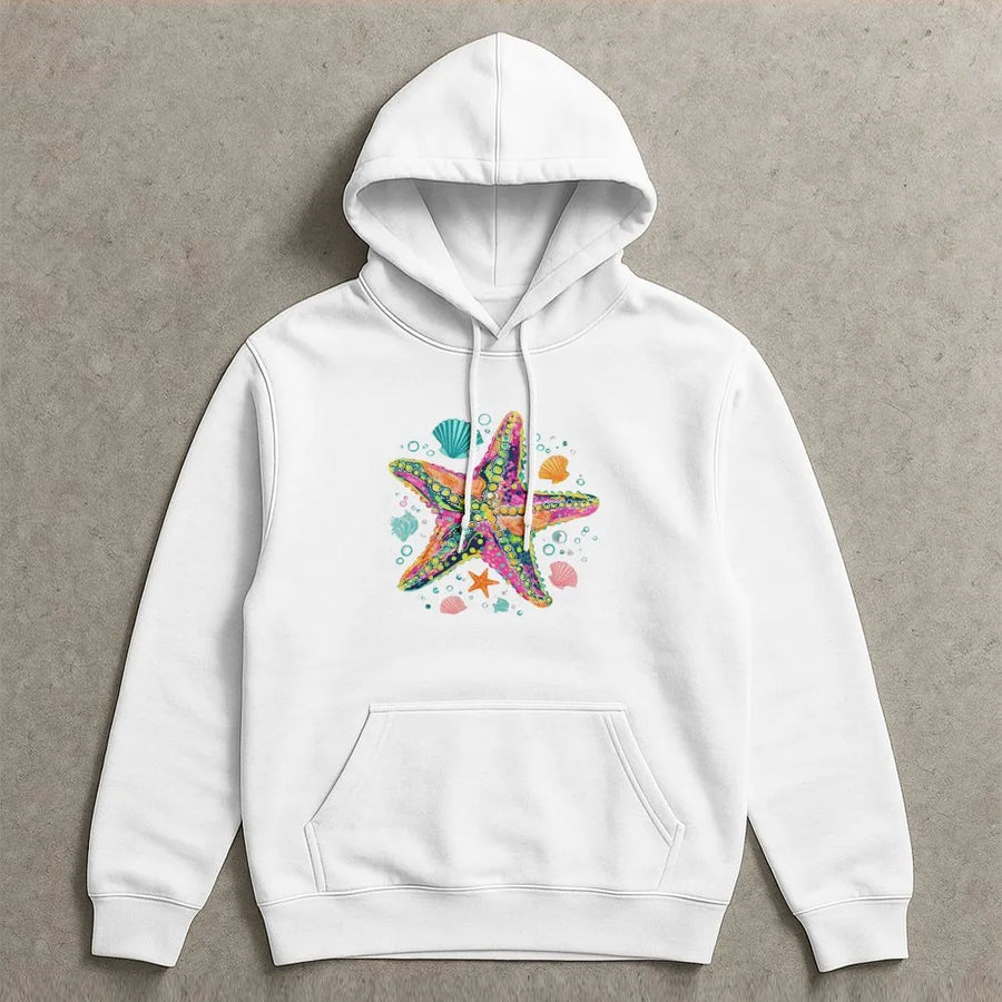 Starfish Hoodie | Colorful Coastal Preppy Graphic | Soft Cotton-Poly Blend | Summer Vacation Gift for Beach Lover