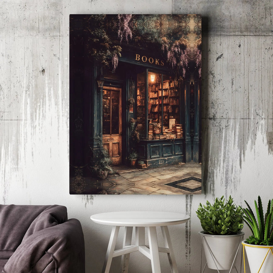 Charming Bookstore Canvas Wall Art | Nighttime Wisteria Library Print | Gallery-Wrapped Premium Decor | Book Lover Gift for Home Office