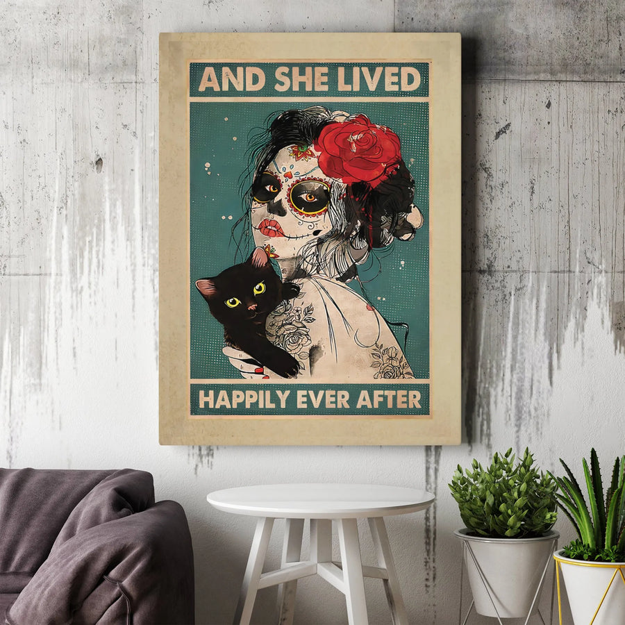 Sugar Skull Girl and Black Cat Canvas Wall Art | Gothic Floral Portrait | Premium 1.25" Gallery Wrap | Gift for Cat Lovers and Witchy Decor