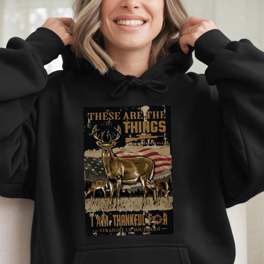 Deer Hunting Hoodie | Patriotic American Flag & Whitetail Buck | Premium Cotton-Blend Pullover | Gift for Outdoorsmen & Hunters