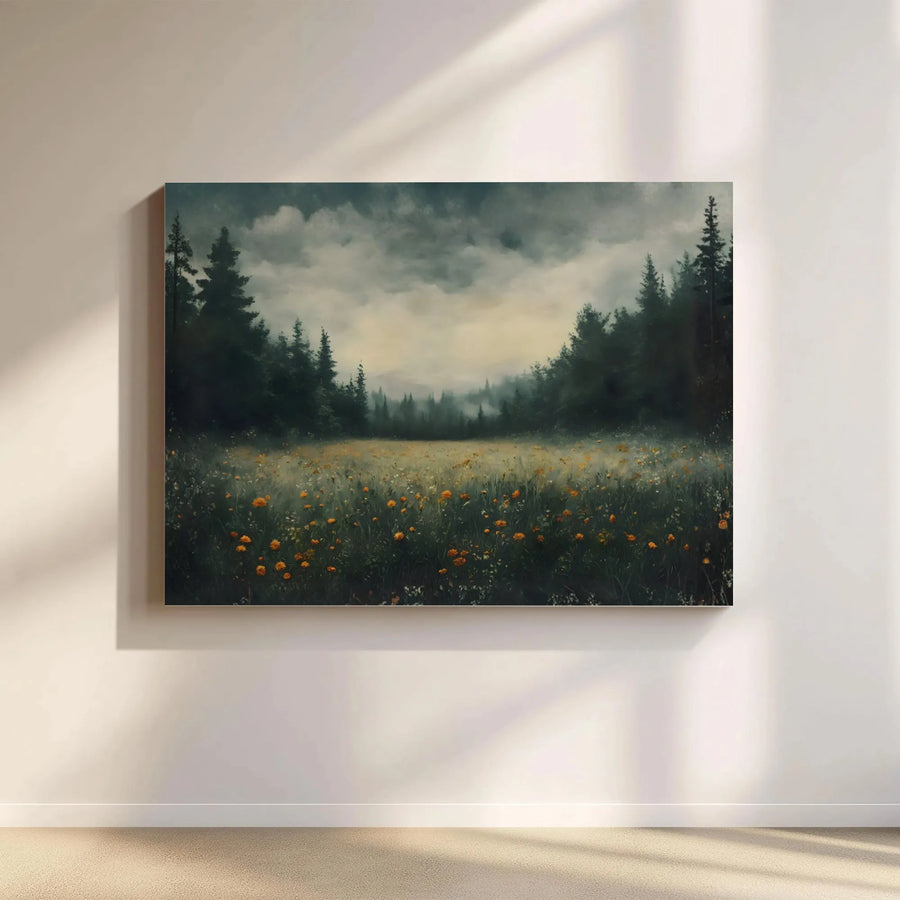 Misty Forest Meadow Canvas Art | Moody Wildflower Landscape Painting | Premium Gallery Wrapped Print | Rustic Nature Wall Decor Gift
