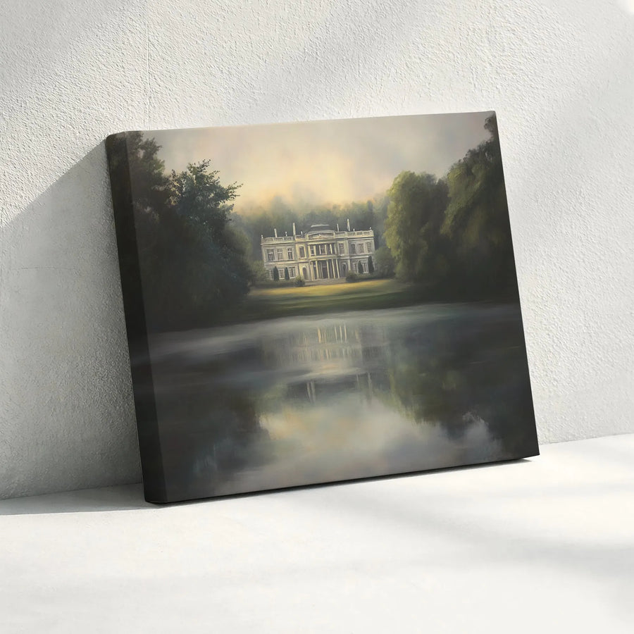 Stately Manor Canvas Wall Art | Vintage Estate Painting with Lake Reflection | Premium Gallery Wrapped Canvas | Classic English Countryside Decor