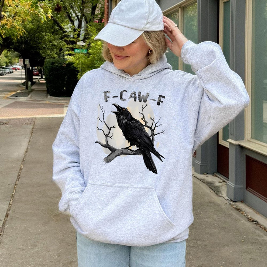 Crow Graphic Hoodie | F-CAW-F Funny Bird Pun | Premium Cotton-Blend Pullover | Edgy Goth Alt Apparel Gift For Bird Lovers