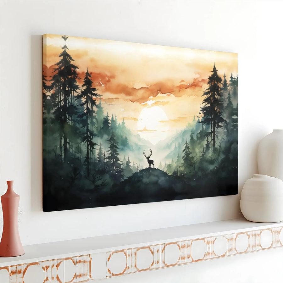 Watercolor Deer Canvas Art | Misty Forest Sunset Wall Decor | 1.25 Inch Gallery Wrap | Nature-Inspired Home Decor Gift