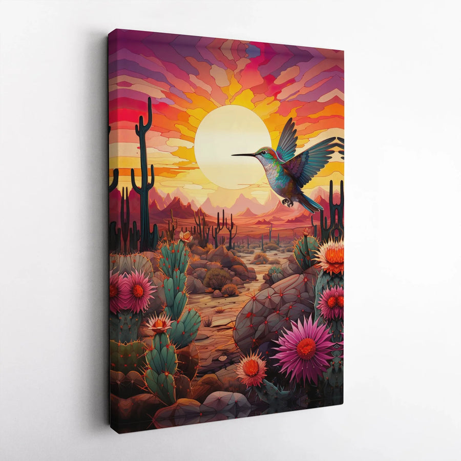 Hummingbird Desert Sunset Canvas Wall Art | Vibrant Cactus Flowers Print | 1.25-Inch Gallery Wrap | Southwestern Home Decor Gift