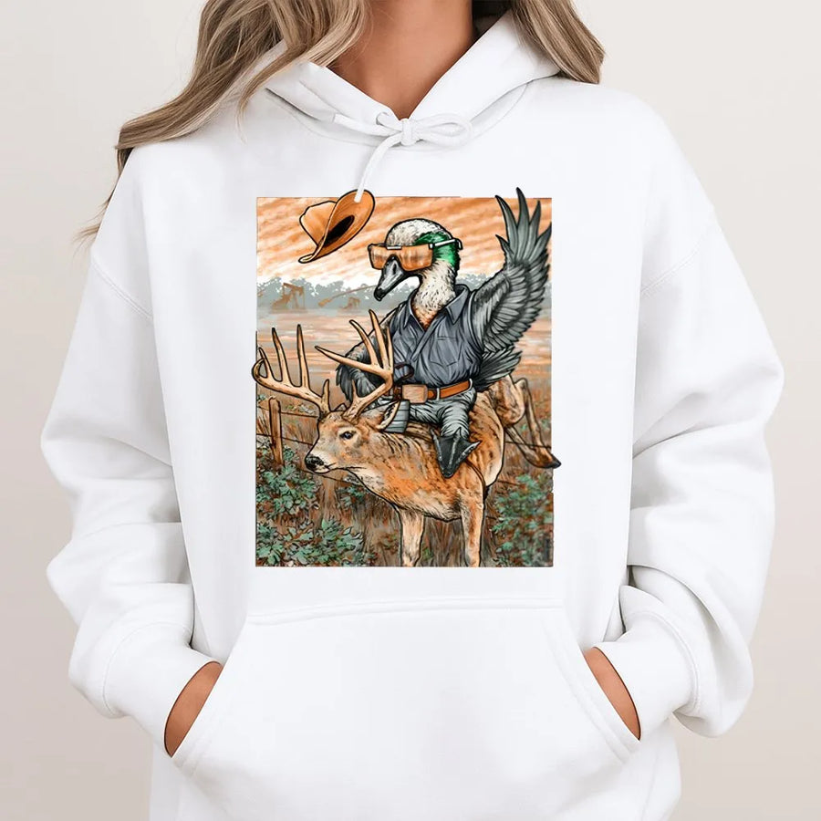 Funny Duck Riding Deer Hoodie | Hunter Country Wildlife Graphic | Cotton-Poly Blend Premium Sweatshirt | Gift for Hunters & Outdoorsmen