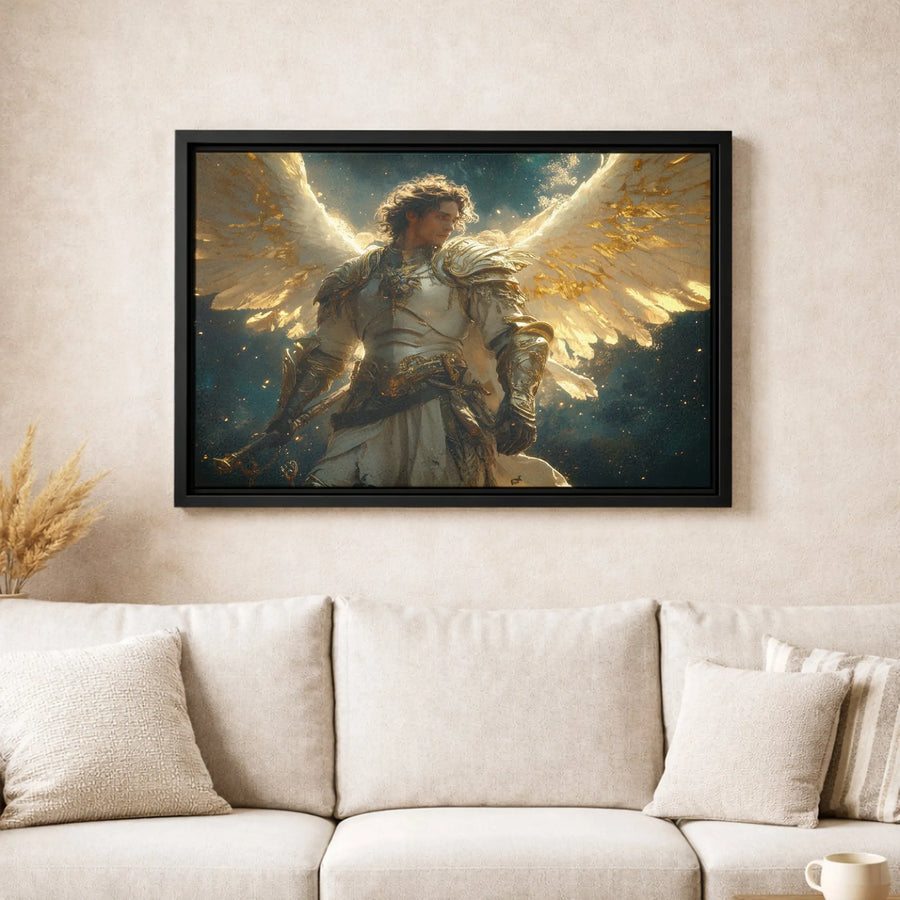 Archangel Michael Canvas Wall Art | Warrior Angel with Golden Wings | Premium Gallery Wrap Print | Religious Home Decor Gift