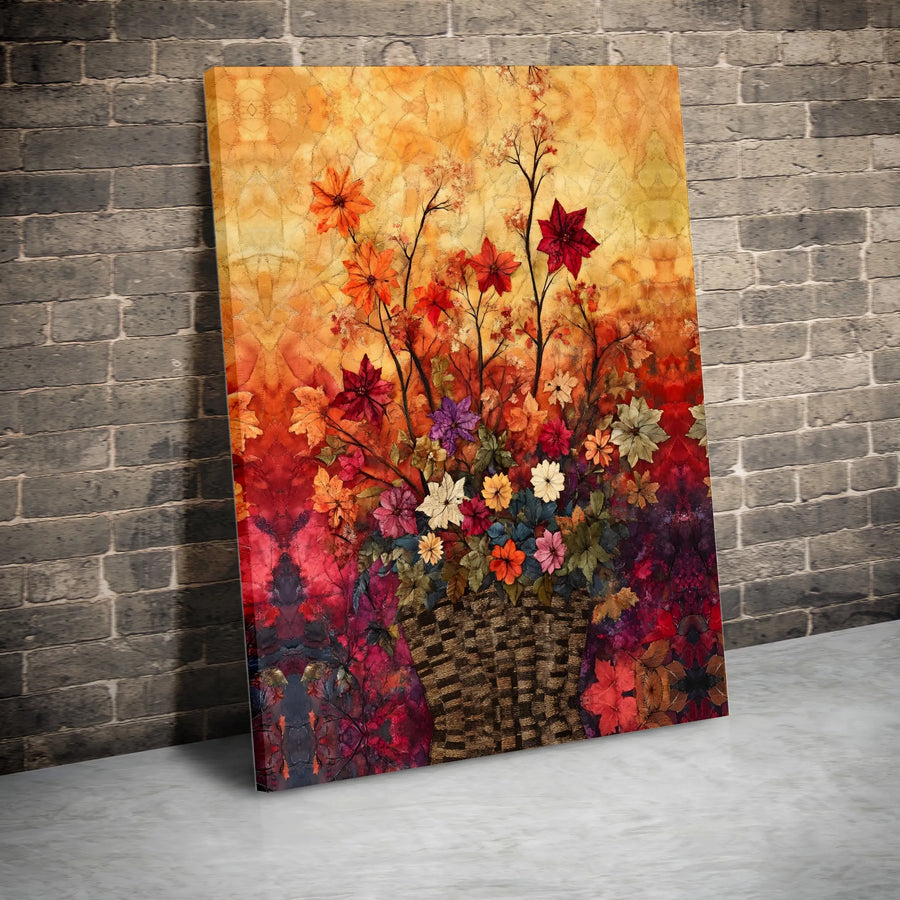 Autumn Floral Canvas Wall Art | Vibrant Fall Flower Bouquet in Basket | Premium Fade-Resistant Print | Rustic Farmhouse Home Decor