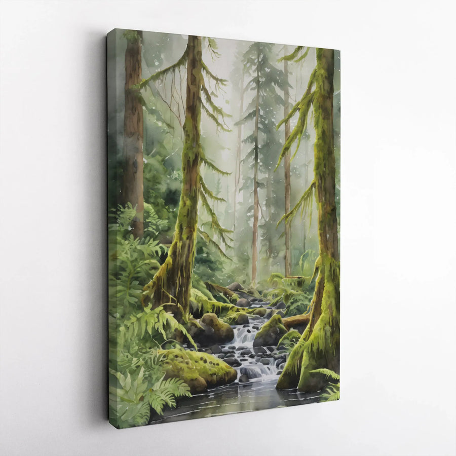 Misty Forest Vertical Canvas | Watercolor Stream Painting Wall Art | Premium 1.25" Thick Gallery Wrap | Nature Lover Home Decor Gift