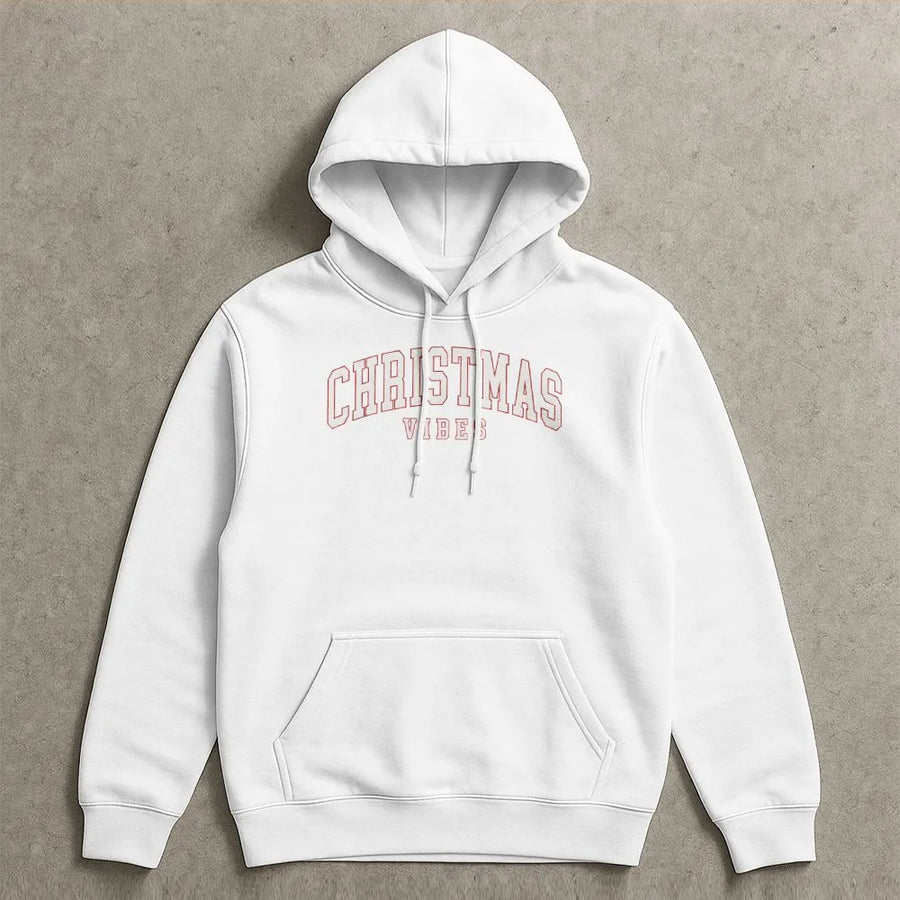 Christmas Vibes Hoodie | Retro Varsity Text Graphic | Premium Cotton Blend | Unisex Holiday Gift for Men and Women