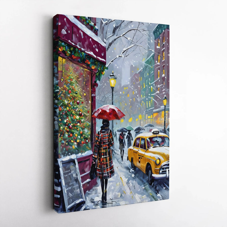 NYC Christmas Canvas Wall Art | Snowy Cityscape with Yellow Taxi & Red Umbrella | 1.25" Gallery Profile | Winter Home Holiday Decor Gift