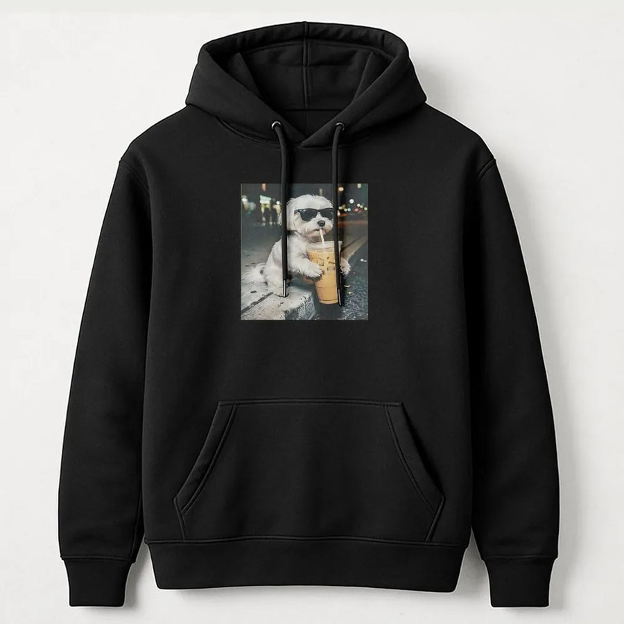 Funny Maltese Dog Hoodie | Dog with Sunglasses Drinking Coffee | Soft Unisex Pullover | Premium Gift for Dog Mom & Coffee Lover