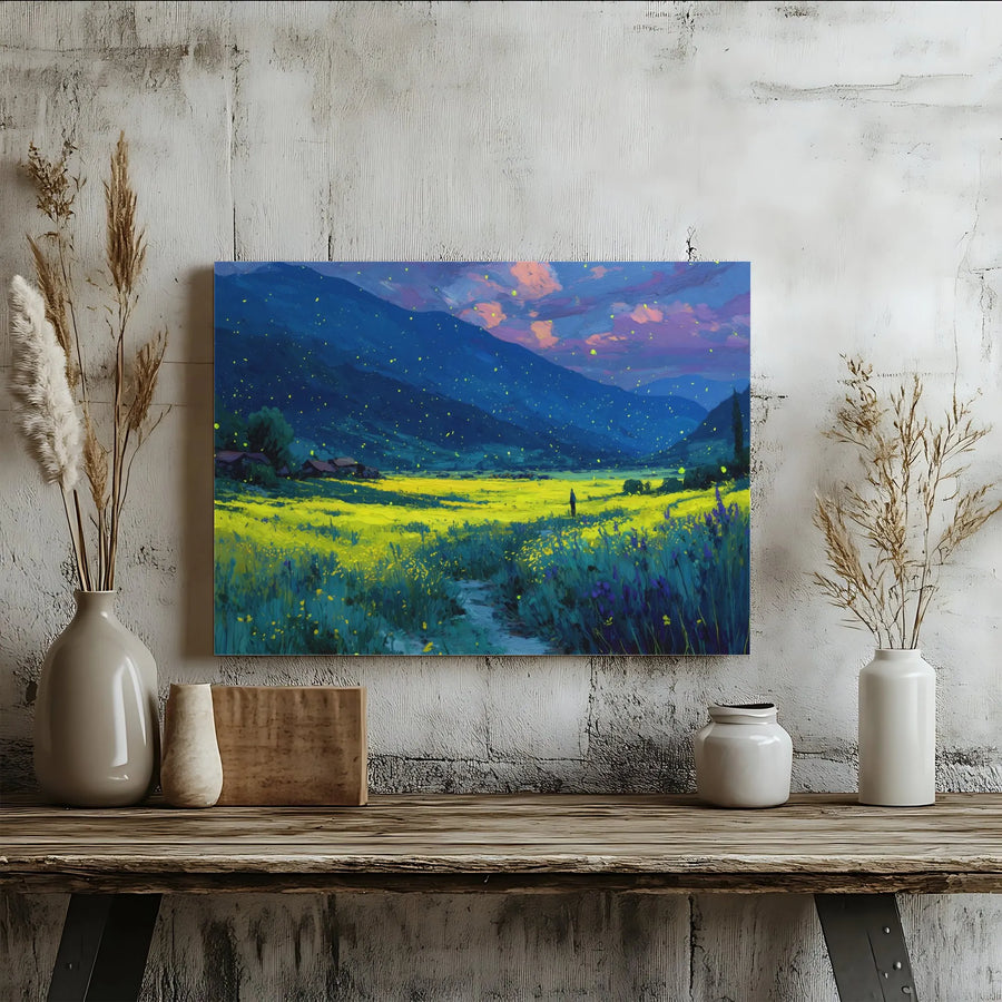Mountain Valley Canvas Wall Art | Impressionistic Fireflies and Wildflowers Landscape | 1.25” Gallery Wrap | Premium Home Decor for Living Room